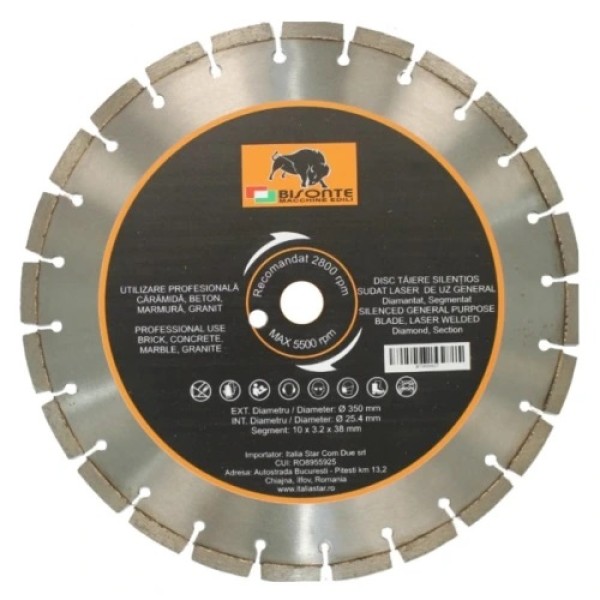 Диамантен диск за тухла, бетон, мрамор, гранит Bisonte, Ø 350 mm./ Ø 25.4 мм, безшумен